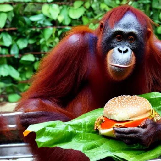 Prompt: an orangutan wiht chease burger