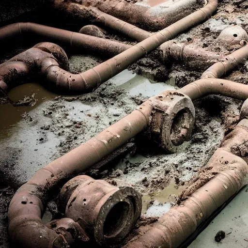 Prompt: bunker, flooded, dirty water, dense rusty pipes network, dense cables network, mold