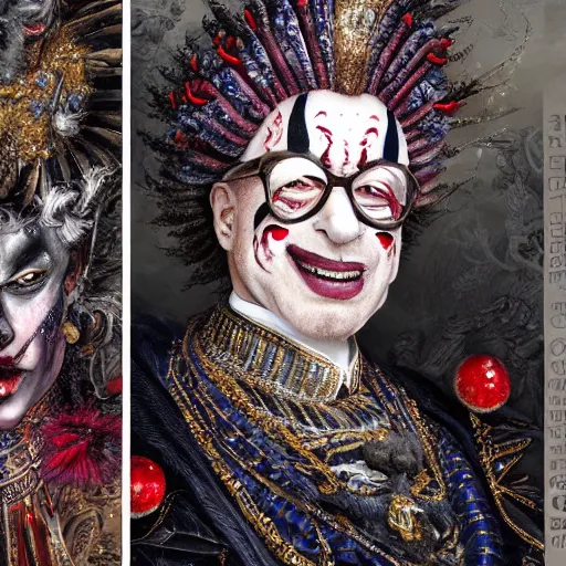 Image similar to UHD photorealistic detailed image of Klaus Schwab dressed as Emperor wearing extremely intricate clown makeup by Ayami Kojima, Amano, Karol Bak, tonalism