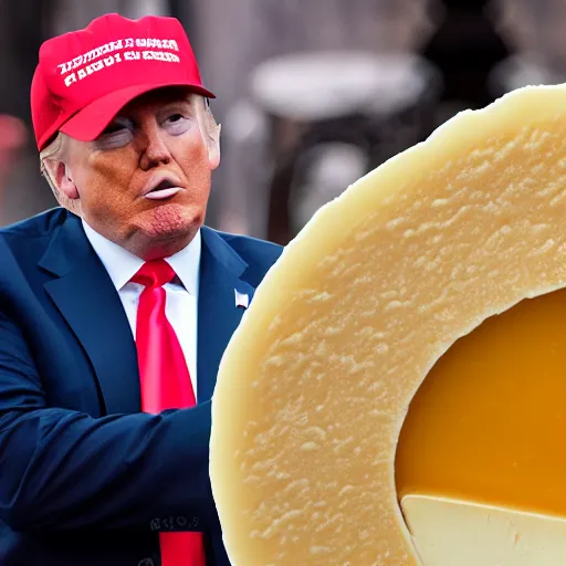 Prompt: donald trump eating a large wheel of cheese,