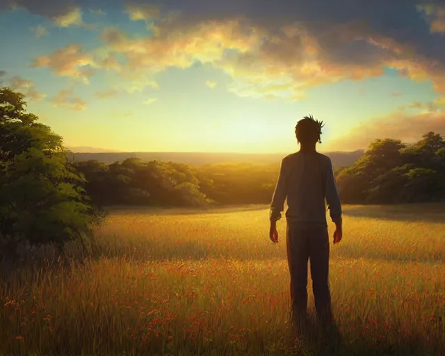 Image similar to a painting of a man standing in a field at sunset, a detailed matte painting by makoto shinkai, cgsociety, neo - primitivism, anamorphic lens flare, matte painting, global illumination