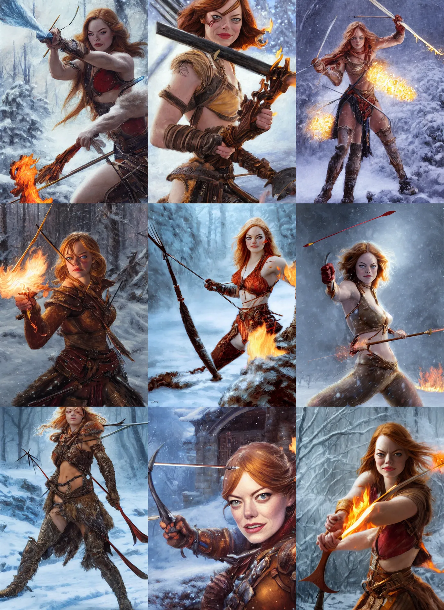 Prompt: close-up face portrait of Emma Stone as a muscled warrior shooting a flaming arrow with her huntsmen bow, snowy winter scene, Donato Giancola, Mark Brooks, Ralph Horsley, Charlie Bowater, Artgerm, Christopher Balaskas, Bastien Lecouffe-Deharme, Boris Vallejo