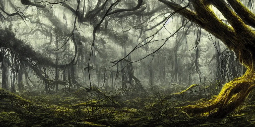 Prompt: ancient neurons with yellow glowing synapses running through the forest, the trees are angry, jungle mountains in the background with huge incredibly immense trees, highly detailed, hyperrealism high detailed figure, trending on art station, ancient forest like fanal forest or fangorn forest, misty forest, realistic painting, sharp image, hyper realistic art, highly detailed leaves, cinematic
