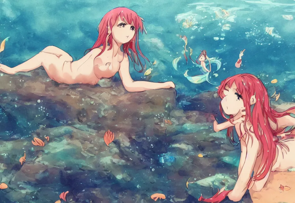 Image similar to youtube lofi anime girl looking out of window underwater with mermaids