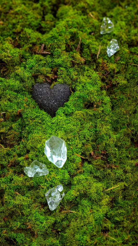 Image similar to macro photo of moss, a crystal heart is laying on the moss, light rays are coming through the leaves above, god rays, beautiful award winning macro photography, trending on artstation, serene secluded garden, isometric angle, 7 5 mm, f 3. 4