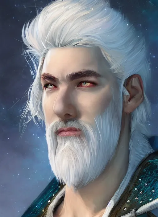 Image similar to young man with white hair and white goatee, dndbeyond, bright, colourful, realistic, dnd character portrait, full body, pathfinder, pinterest, art by ralph horsley, dnd, rpg, lotr game design fanart by concept art, behance hd, artstation, deviantart, hdr render in unreal engine 5