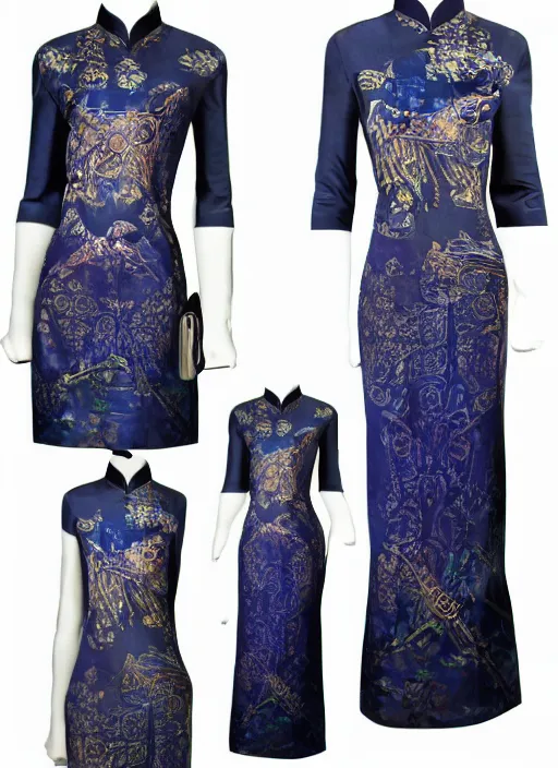 Prompt: blue qipao dress, dress design by alexander mcqueen