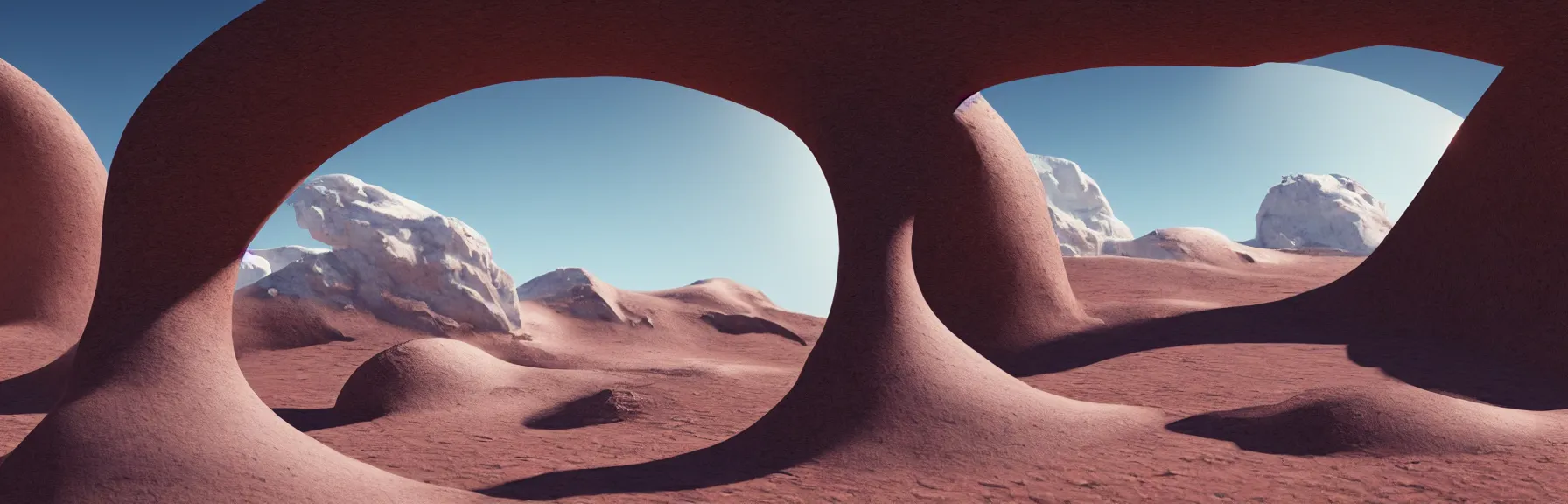 Image similar to in the middle of a desert a wide elliptical portal through which snowy mountains can be seen, 3 d rendered, digital art, artstation, 4 k, unreal engine 5