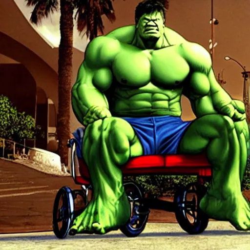 Prompt: the hulk as a very old man sitting in an oversized wheelchair