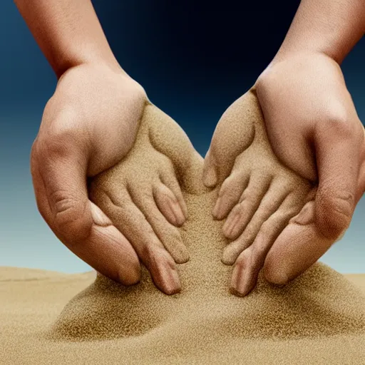 Image similar to a hand holding a face made of sand vanishing, photorrealistic, 8 k