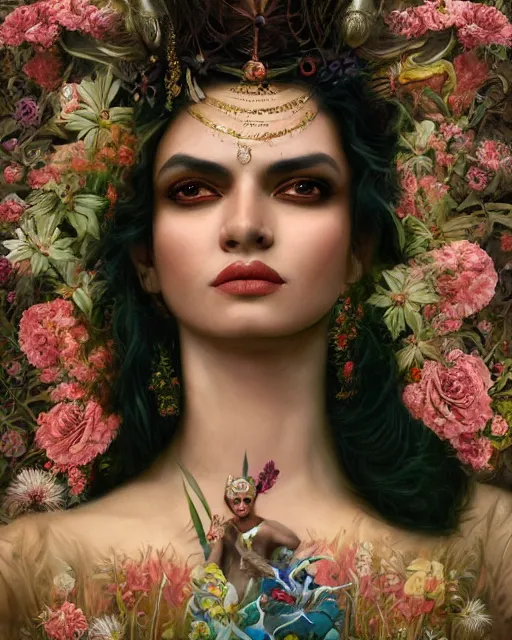 Prompt: portrait of the indian queen of the underworld, surrounded by flowers by karol bak, james jean, tom bagshaw, rococo, sharp focus, trending on artstation, cinematic lighting, hyper realism, octane render, 8 k, hyper detailed.