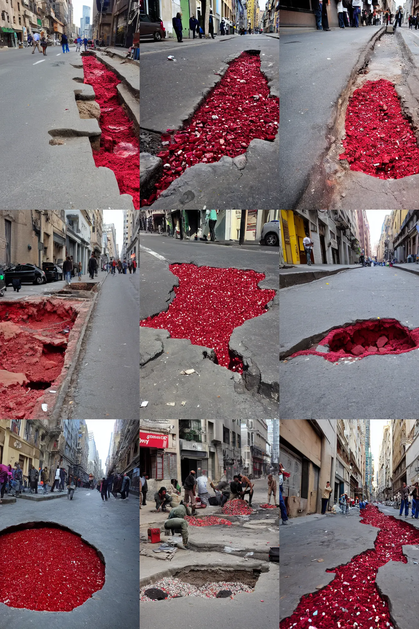 Prompt: an big hole on the street full of ruby gems