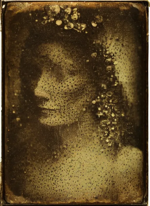 Image similar to old wetplate daguerreotype portrait of an ages women, explosion of data fragments, fractal, intricate, elegant, highly detailed, parallax, leica, medium format, subsurface scattering, by jheronimus bosch and greg rutkowski and louis jacques mande daguerre