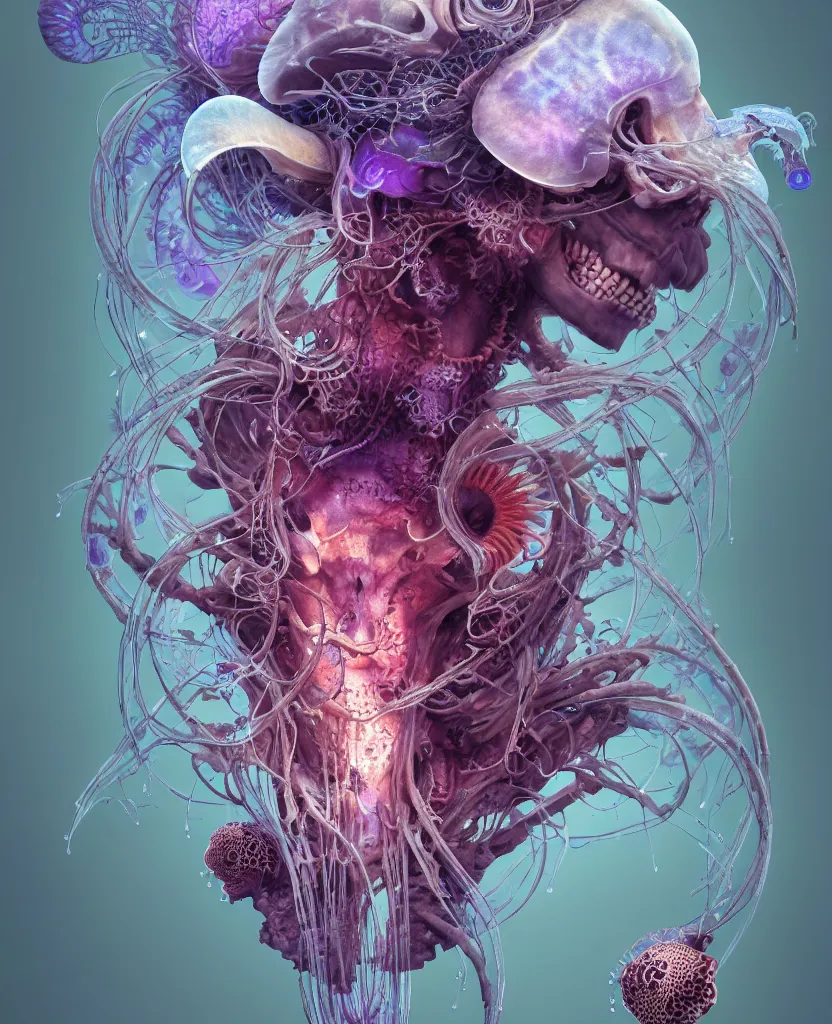 Image similar to goddess close-up portrait ram skull, thorax, x-ray, backbone, jellyfish phoenix head, nautilus, orchid, skull, betta fish, bioluminiscent creatures, intricate artwork by Tooth Wu and wlop and beeple. octane render, trending on artstation, greg rutkowski very coherent symmetrical artwork. cinematic, hyper realism, high detail, octane render, 8k