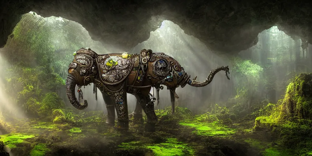 Prompt: magnificent mechanical steampunk elephant looking eerily into a cave entrance with lush vegetation and mystical (((glowing algae))) in the dawn, light coming through from holes in the ceiling, waterfalls, desaturated, creepy ambiance, dangerous, sharp focus, highly detailed, artgerm