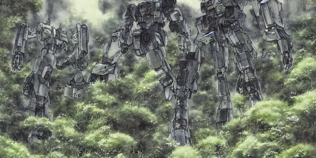 Prompt: Abandoned mecha overgrown with moss, oppressive atmosphere, low contrast, cloudy, Hideaki Anno, watercolor, Patlabor, Gunbuster