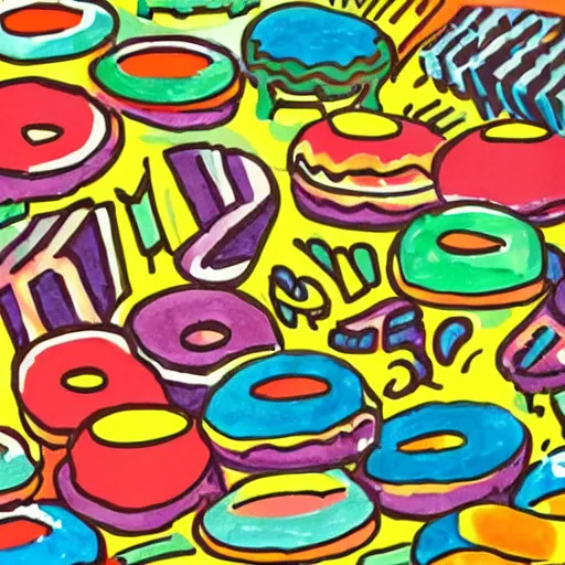 Prompt: retro, hd illustration of krispy kreme doughnuts, inspired by watercolor masterpieces, matisse, malevich, david hockney, keith haring, colorful, happy, trending on artstation, 4 k