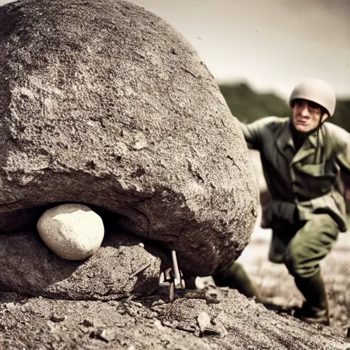 Prompt: cat with soviet army clothes mid war using a boulder as cover, war field, destruction, cinematic, epic, dramatic