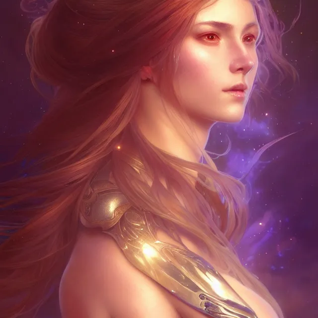 Image similar to close up portrait of a beautiful fantasy female warrior, shiny, glowing hair, subsurface scattering, artistic, magical background with light rays, fantasy atmosphere. art by artgerm, greg rutkowski and alphonse mucha, highly detailed, intricate, lifelike. sci - fi, fantasy, magical, octane render,