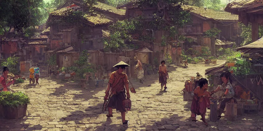 Prompt: vietnamese village scene, side scroller, 2 d game art background, sharp, detailed, intricate, game level design, cinematic lighting, ultrarealistic, photorealistic, trending on artstation, in the style of yoji shinkawa and greg rutkowski and federico pelat and wlop and karol bak and bouguereau and santiago caruso