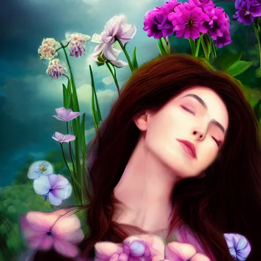 Image similar to a picture of a dreaming woman with flowers roses peonies forget-me-nots dahlias lupins gladioli grow out of hair, sky theme in background, Digital Art, Trending on artstation