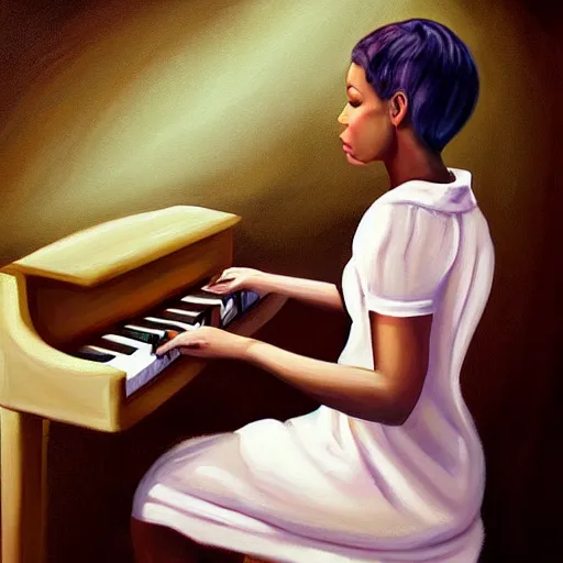 Image similar to beautiful painting of a light skinned woman with short hair playing a piano, digital art