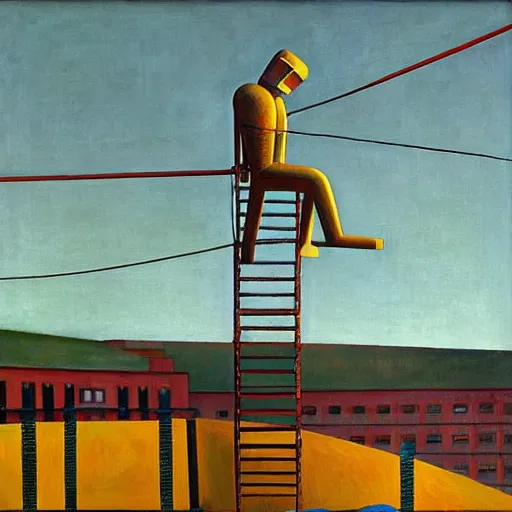 Prompt: giant robot in a scaffold, scientists climbing up, grant wood, pj crook, edward hopper, oil on canvas