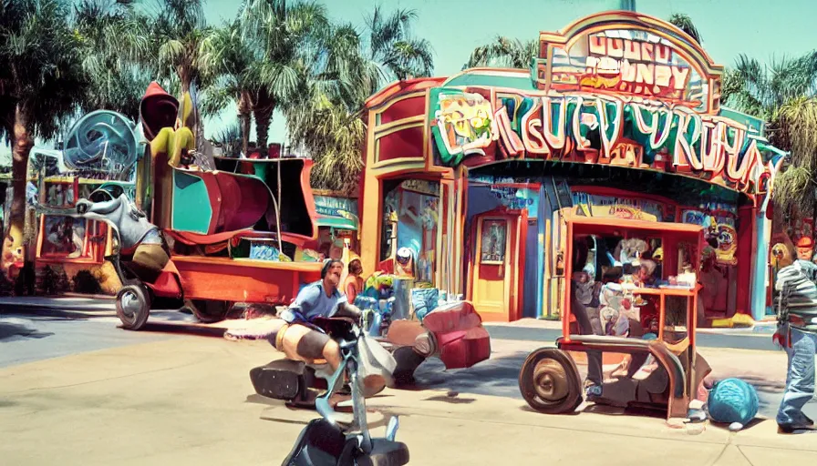 Prompt: 1990s photo of inside the Doug Funny Show ride at Universal Studios in Orlando, Florida, riding a trash can through Doug's town , cinematic, UHD