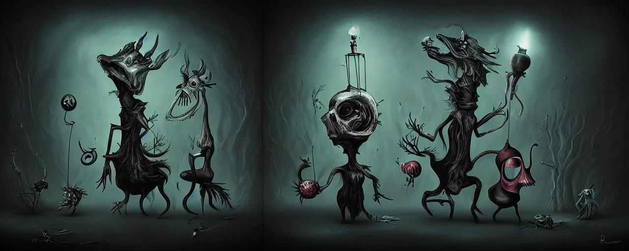 Image similar to whimsical alchemical creatures, surreal dark uncanny painting by ronny khalil