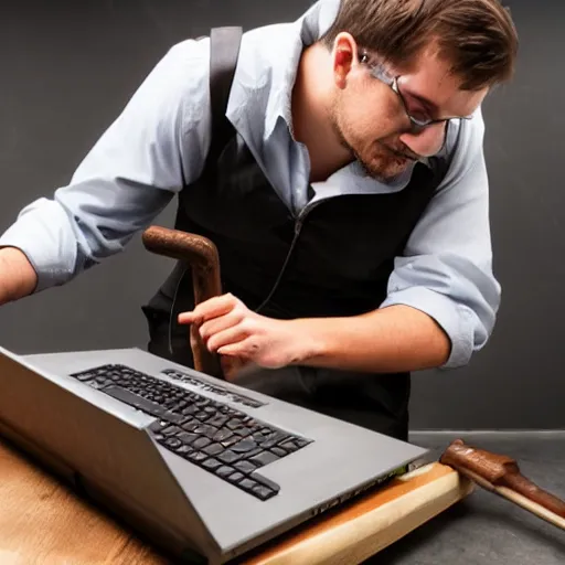 Prompt: programmer smashing laptop with a sledgehammer