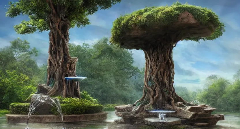 Image similar to a water fountain made out of a tree, concept art by Doug Chiang cinematic, realistic painting, high definition, digital art, symmetrical, very detailed, extremely high detail, photo realistic, concept art, unreal engine 5,