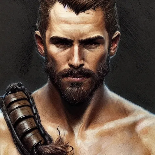 Prompt: portrait of a rugged ranger, 2 5 years old, muscular, upper body, leather, hairy torso, d & d, fantasy, intricate, elegant, highly detailed, digital painting, artstation, concept art, smooth, sharp focus, illustration, art by artgerm and greg rutkowski and alphonse mucha