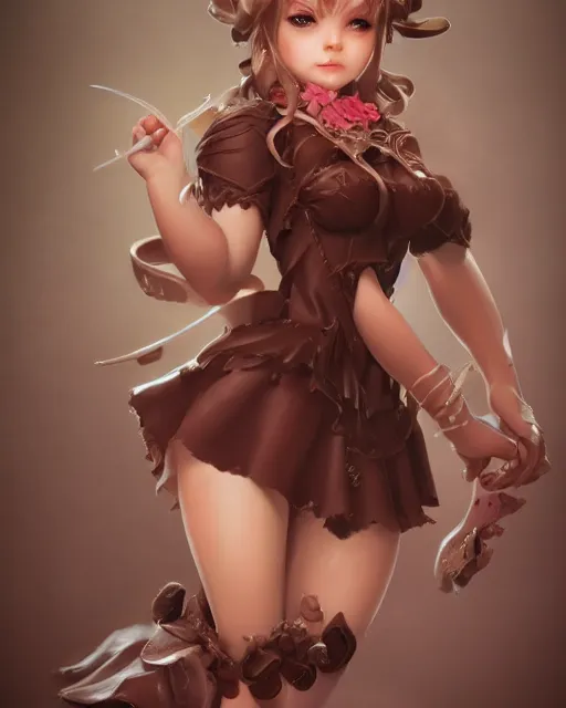 Image similar to a ( girl as personification of chocolate cupcake ), fantasy bakery, digital art by artgerm, krenz cushart, laurie greasly, wlop, intricate, ( highly detailed figure ), sharp focus, smooth, epic composition, unreal engine