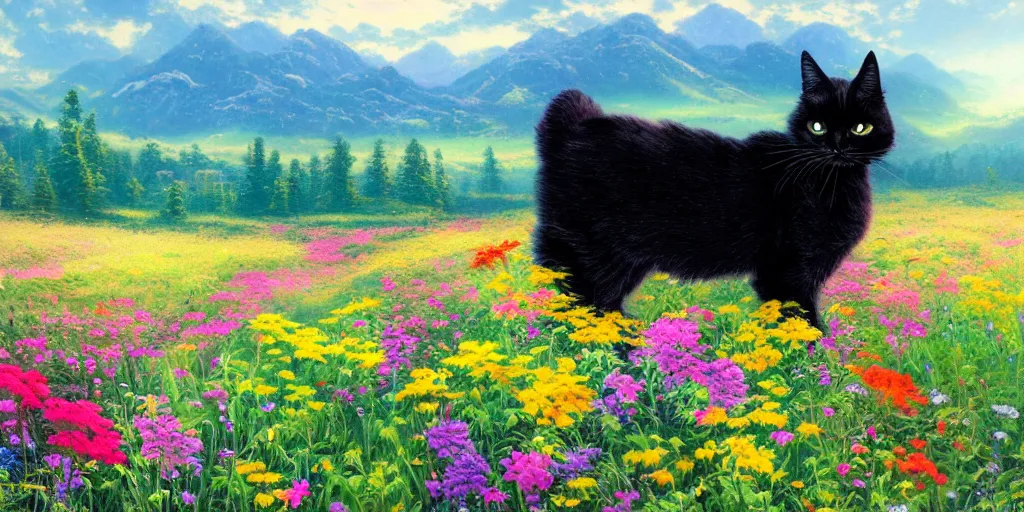 Prompt: beautiful black cat in a field of flowers, mountain sunrise, painted by thomas kinkade and lisa frank, detailed , clear, trending on artstation