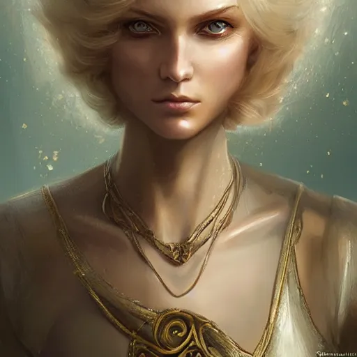 Prompt: a french lady with blonde hair and a beautiful face in a fantasy versailles, symmetric face, hyperrealism, epic fantasy digital art, fantasy style art, by Greg Rutkowski, fantasy magic the gathering card art style