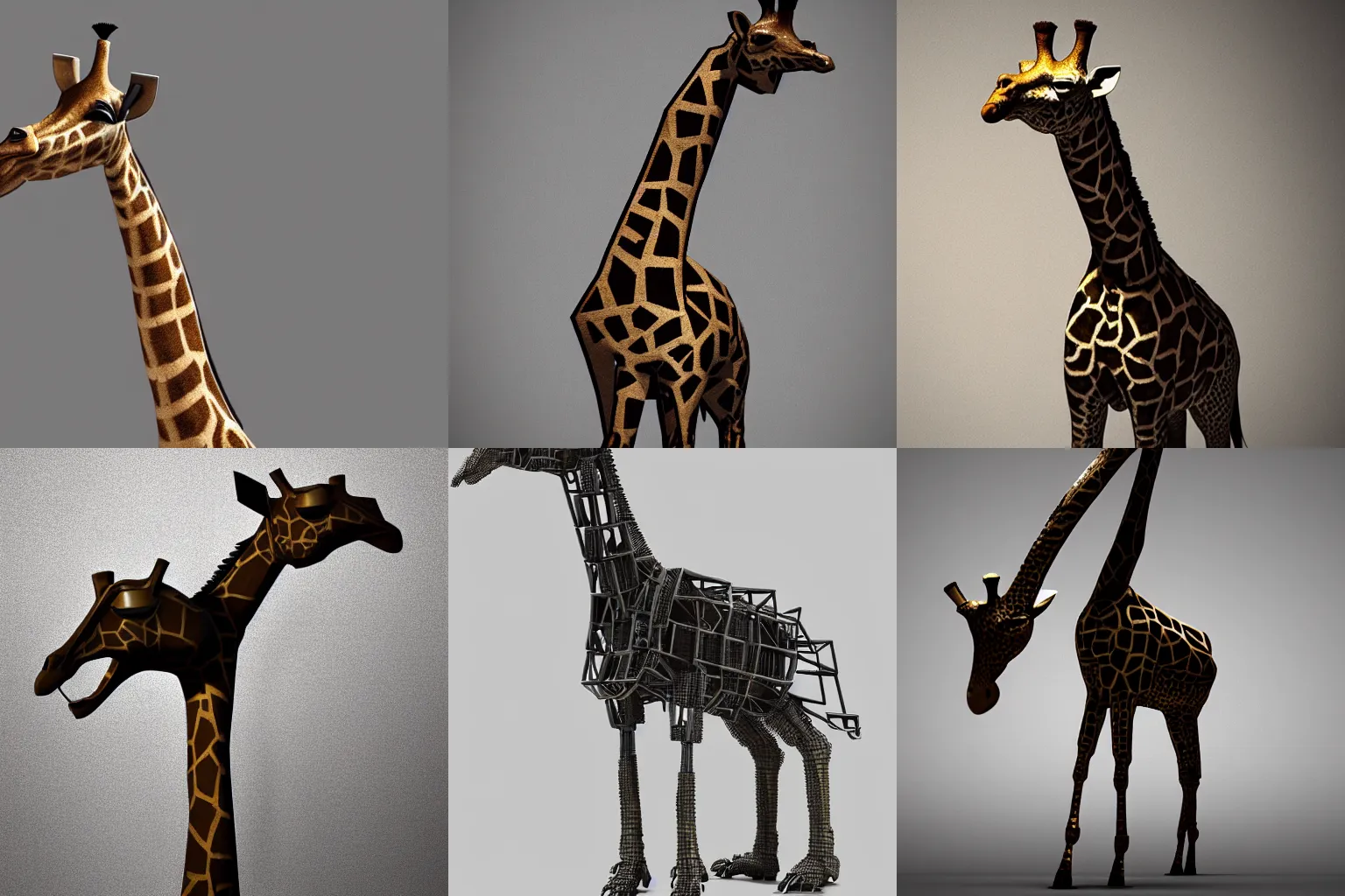 Prompt: a giraffe made of scrap metal, cyberpunk, 3d render, photorealistic, studio lighting