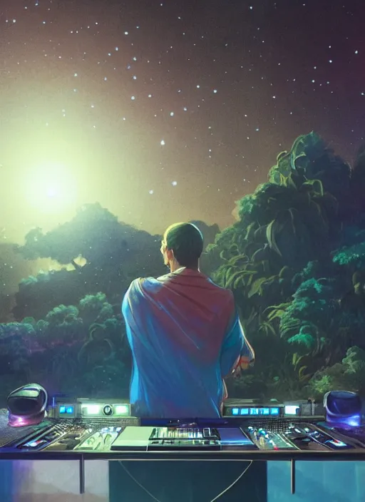 Image similar to A wide shot of a man djing at night under the stars, beautiful, digital art, artstation, hyperrealistic, 8k, unreal engine, octane render, trending on artstation, art by Artgerm and Greg Rutkowski and Alphonse Mucha