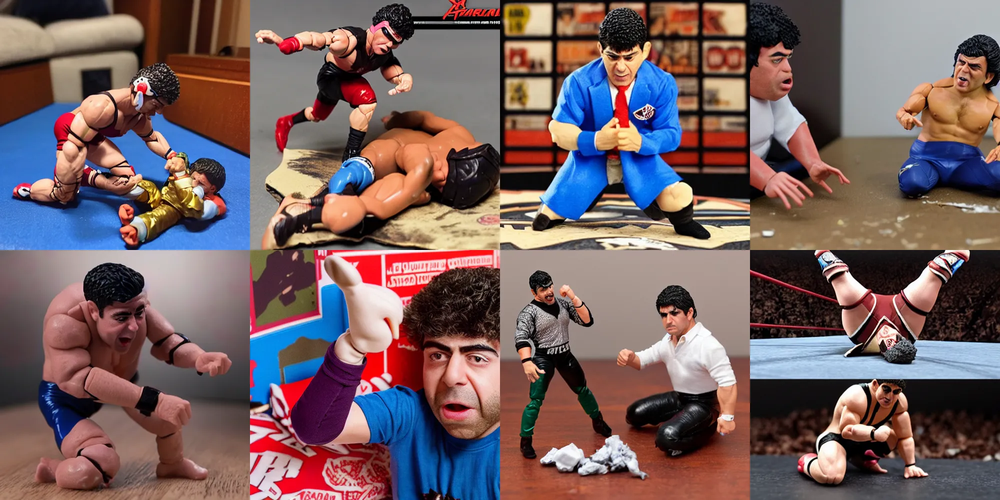 Prompt: tony khan breaking his wrestling action figures, 8 k, 3 d, childs bedroom, angry, crying, realistic, somber