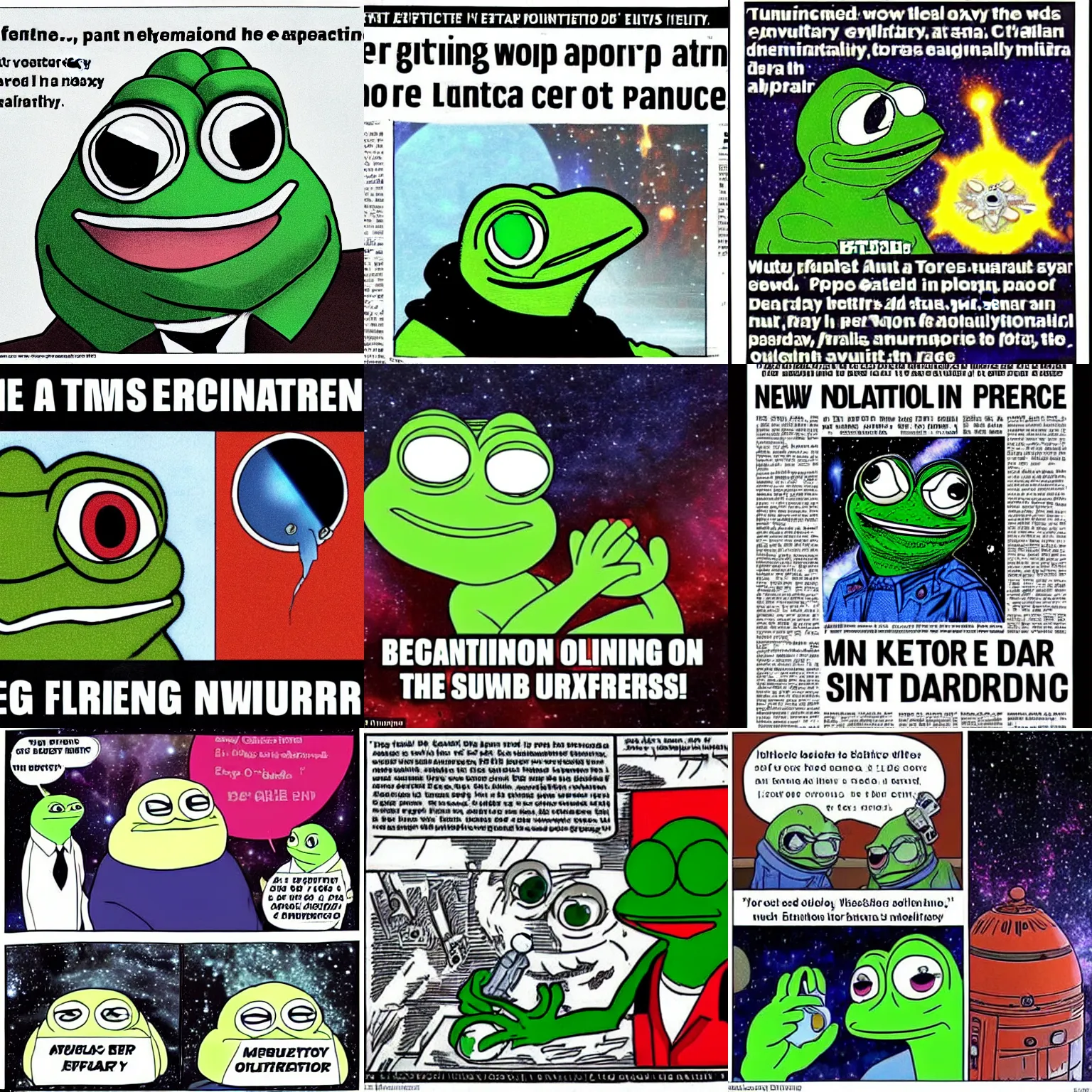 Prompt: panicking pepe the frog as extermination order is mandated throughout the furthest reaches of the galaxy, news article newspaper, very serious situation, everyone is very concerned, ministry of truth, only kek can save you,
