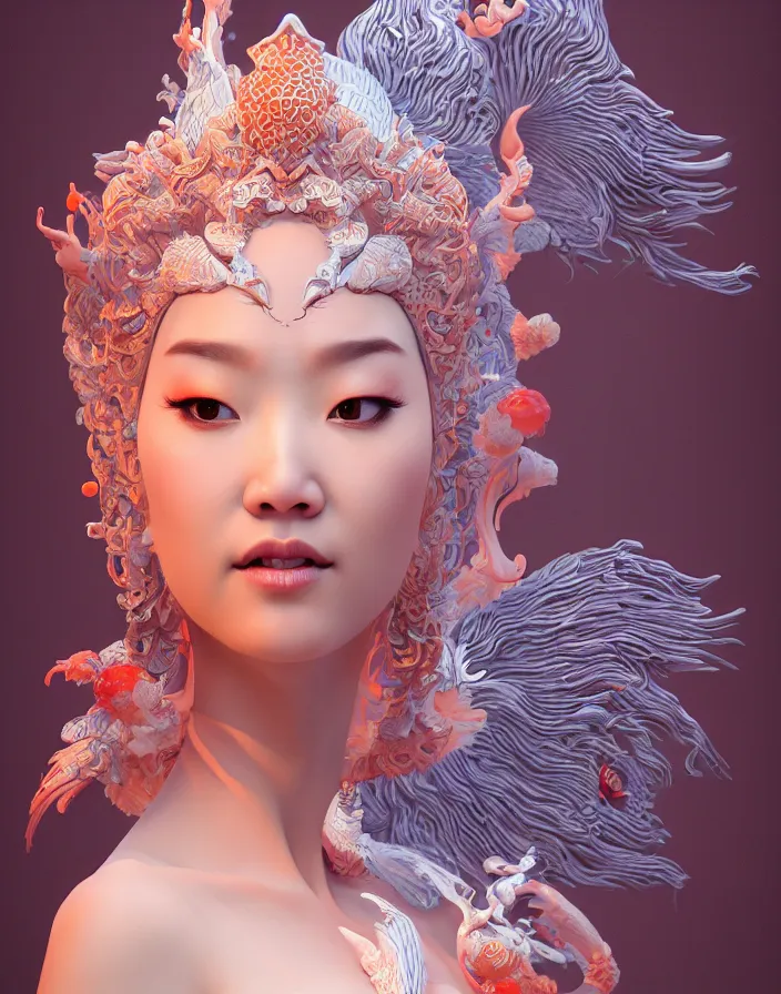 Image similar to 3 d goddess medium shot profile portrait. beautiful intricate highly detailed korean gumiho mask and traditional korean hanbok. stingray, magpie, stingray, magpie, bioluminescent, plasma, lava, ice, water, wind, creature, fog, artwork by tooth wu and wlop and beeple and greg rutkowski, 8 k trending on artstation,