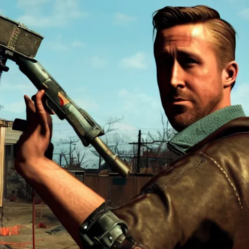 Image similar to ryan gosling in fallout 4 holds a minigun in his hands