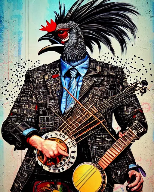 Prompt: a portrait of an anthropomorphic cyberpunk rooster shredding a banjo by sandra chevrier, by jon foster, detailed render, tape deck, epic composition, cybernetics, 4 k realistic, cryengine, realistic shaded lighting, sharp focus, masterpiece, by enki bilal