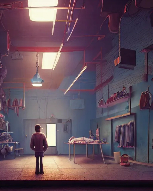 Image similar to kid standing in front of the tailor shop, staring at the mannequin, calming, uplifting mood, ultra realistic, factory, funny, highly detailed, epic lighting, illuminated, cinematic, morning, art by eddie mendoza and simon stalenhag