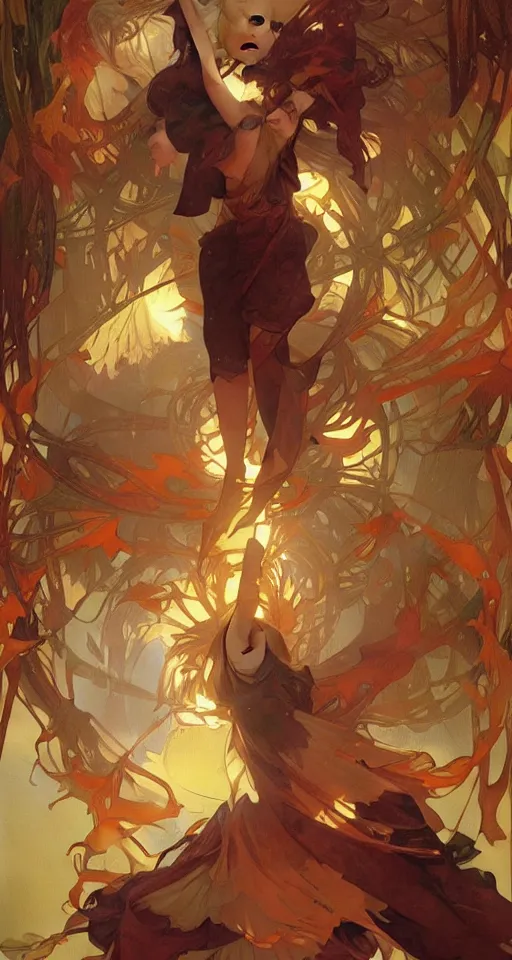 Prompt: the fall season, orange lighting, elegant, dramatic lighting, graphic art, volumetric lighting, sharp focus, detailled, by Krenz Cushart and Artem Demura and Alphonse Mucha