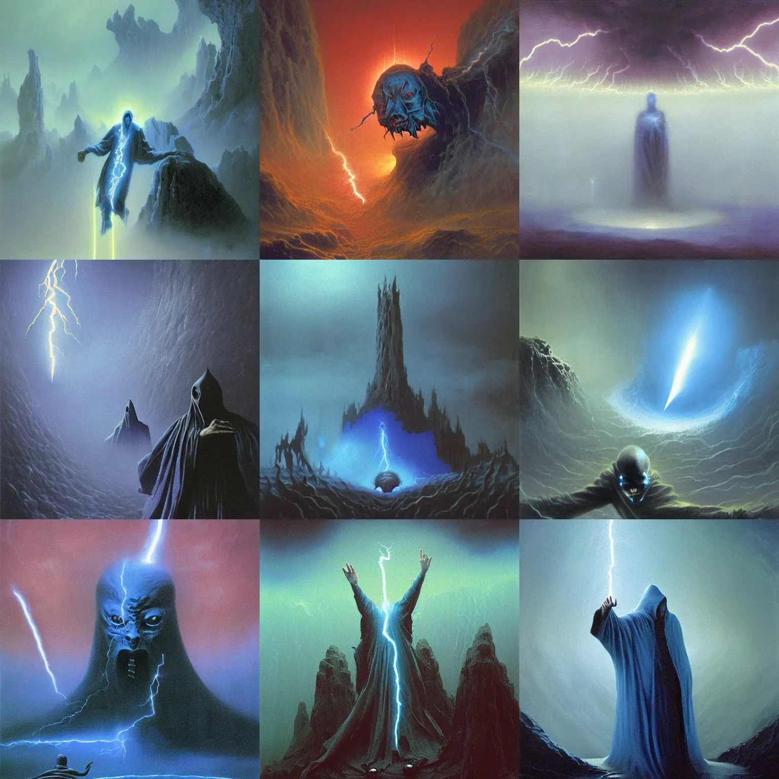 Prompt: blue robed wizard with shadowed face casting a lightning bolt spell in an abyssal rift void. strange creatures and demons in the background, painting by zdislaw beksinski, 8k, fantasy art, detailed, epic