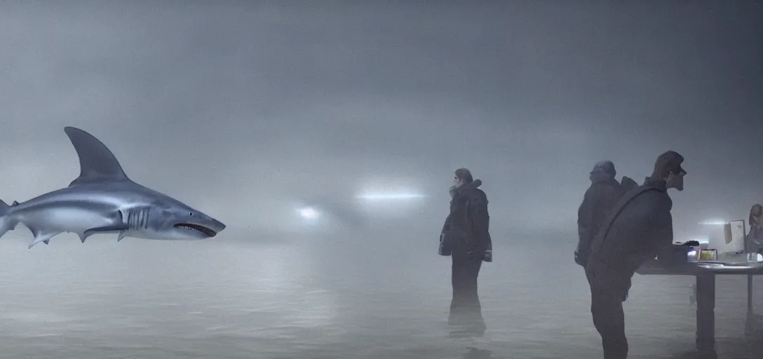 Image similar to a robotic shark painting portraits for a line of tourists, foggy, cinematic shot, photo still from movie by denis villeneuve, wayne barlowe