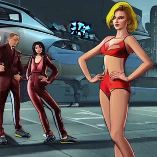 Prompt: A GTA 5 game loading screen featuring A Pterodactyl, robot9000, a redhead sexy Playboy bunny, CHAPPIE in an Adidas track suit, and a TVR Sagaris