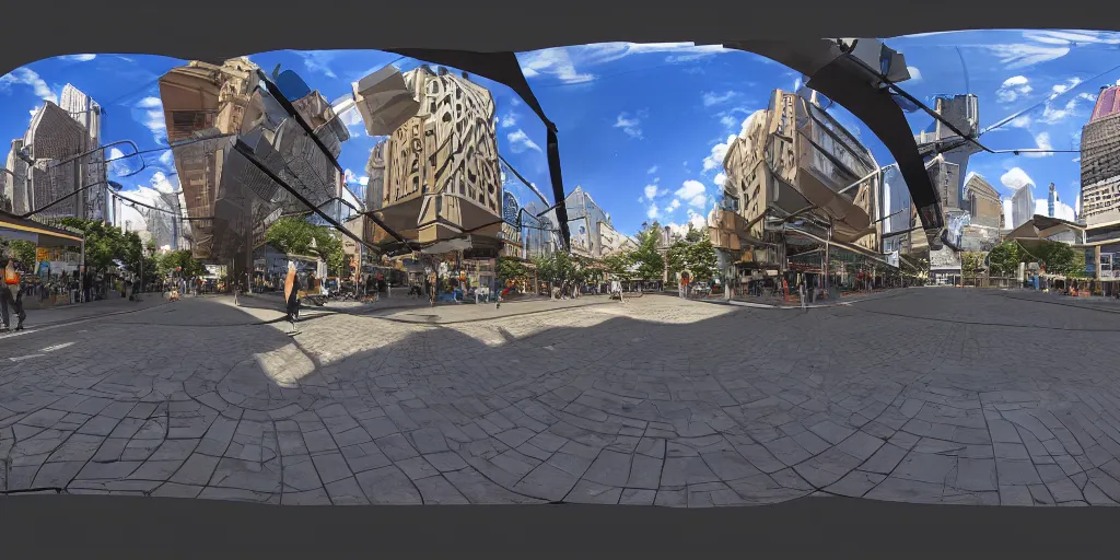 Image similar to equirectangular 360 vr modern urban street , highly detailed, photorealistic, reflections, smooth, sharp focus, concept art, illustration, beautiful, geometric, trending on artstation, cinematic, featured on behance , artwork by WLOP and Tran, Ross