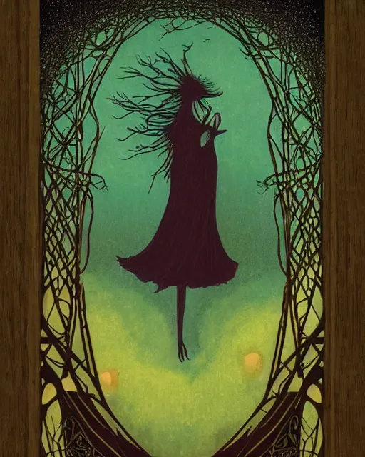 Prompt: tarot card, haunted woods, Art nouveau, by andy kehoe