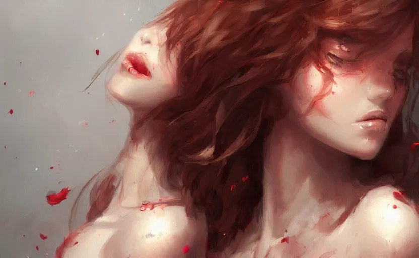 Prompt: a painting of virtualrose trending on artstation in the style of greg rutkowski, beautiful, young female, sensual, natural skin, brown hair, red rose